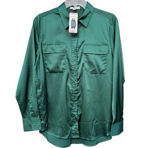 Equipment Small Green Signature Top Silk Look Blouse Button Down Pockets